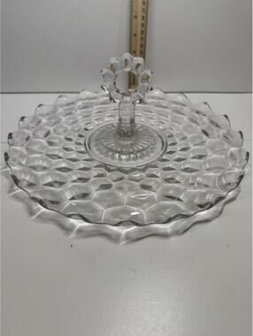 Vintage Clear Pressed Glass Diamond Point Handled Tidbit Serving Tray 11"